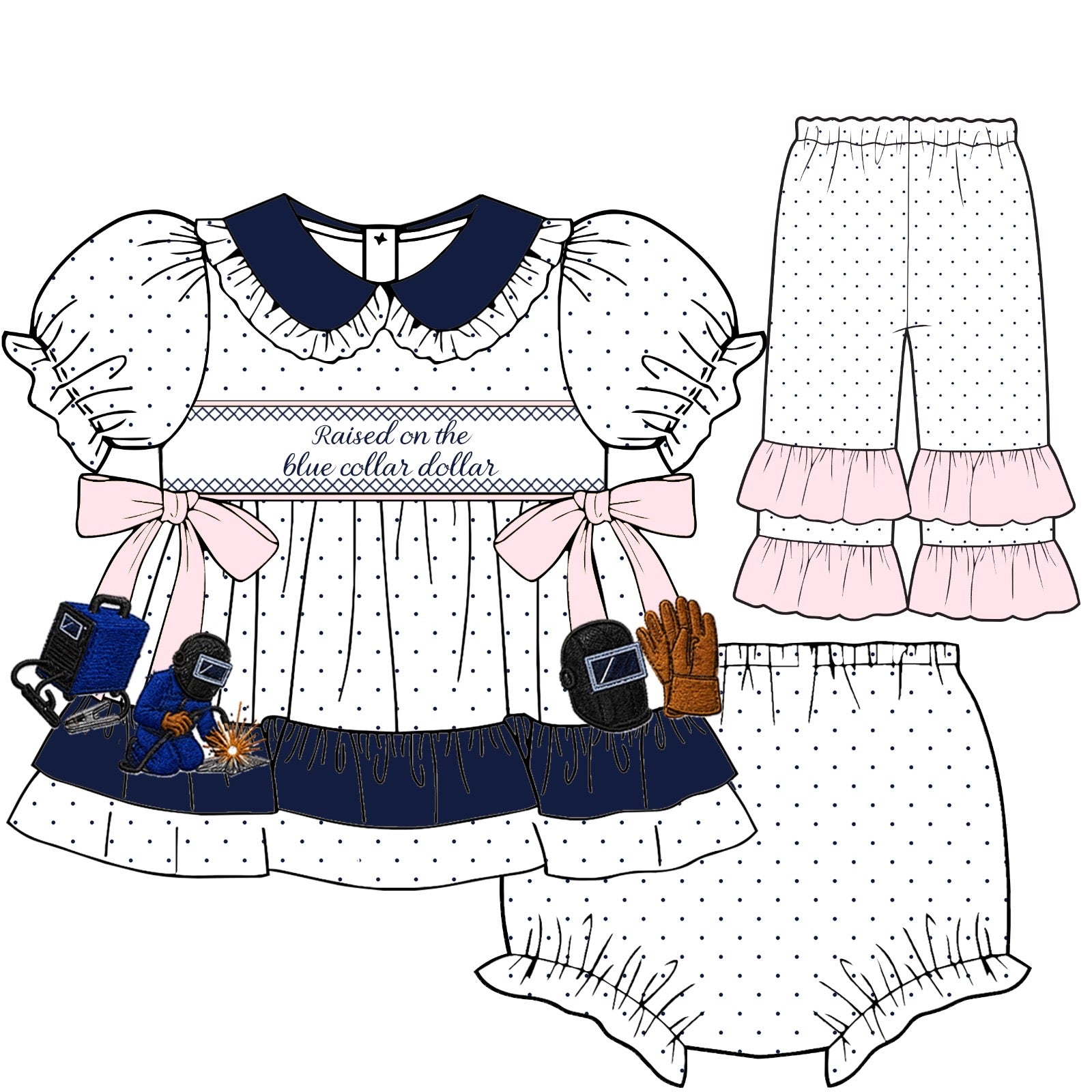 Blue Collar Welder Dress with bloomer and pants